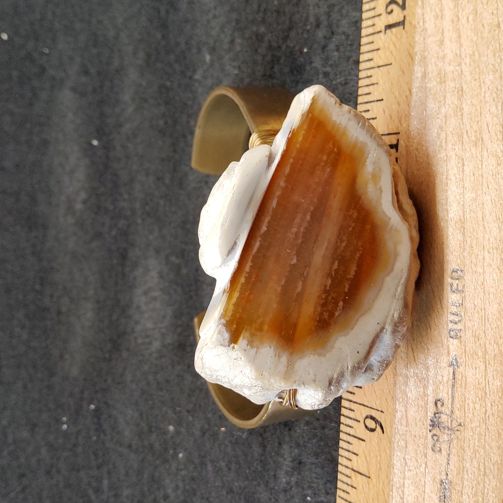 Amber Agate Slice on Brass/Copper Cuff Bracelet